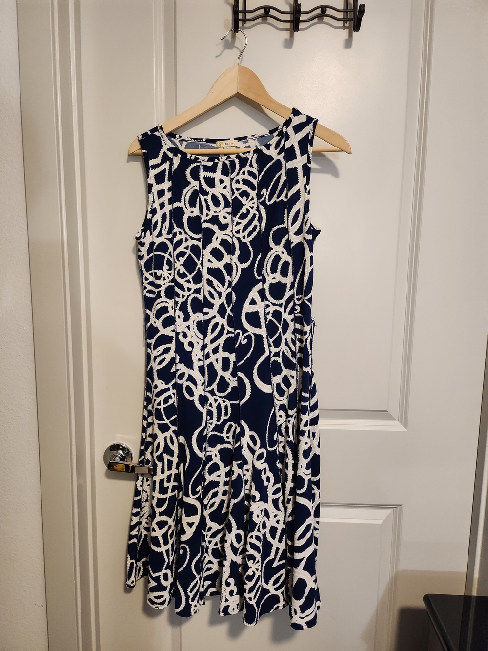 Haani Navy and White Sleeveless Printed A-Line Dress